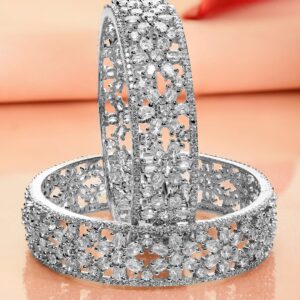 Set of 2 Rhodium Plated Premium Quality White AD & Cubic Zirconia Studded Bangles - 02-Apr