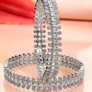 Set of 2 Rhodium-Plated White Cubic Zirconia Studded Handcrafted Luxe Bangles for Women - 02-Apr