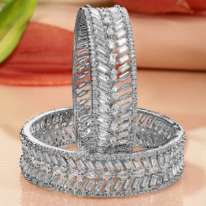 Set of 2 Rhodium-Plated White Cubic Zirconia Studded Leaf Design Premium Bangles - 02-Apr