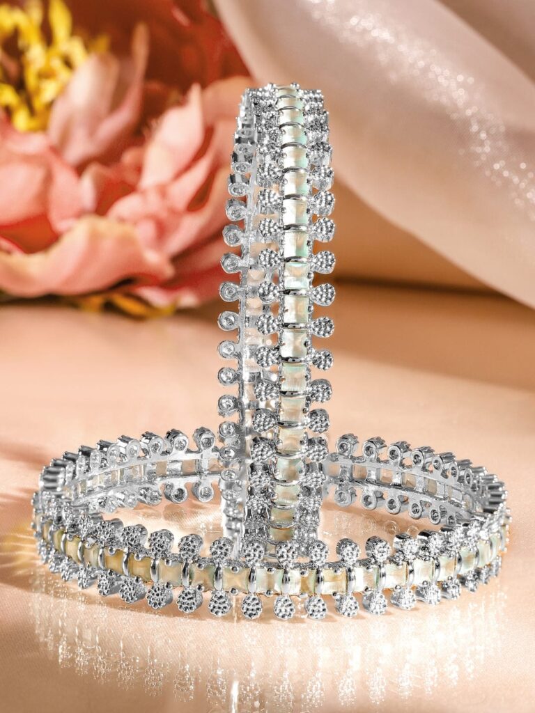 Set of 2 Rhodium-Plated White & Mint Green Cubic Zirconia Studded Handcrafted Luxe Bangles - 02-Apr