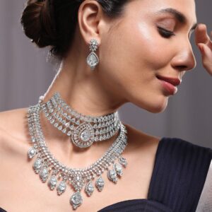 Set of 2 Silver-Plated AAA Cubic Zirconia Studded Dual-Layer Choker & Necklace Set
