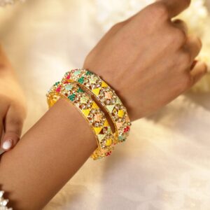 Set of 2 24K Gold-Plated Multicolor Stone & Beaded Handcrafted Floral Bangles - 2.6