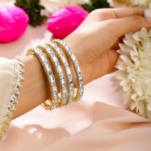 Set of 4, 18K Gold-Plated AD & Mirror Studded Elegant Hancrafted Bangles for Women - 02-Apr
