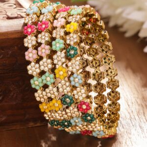 Set of 4 18K Gold-Plated Multicolor Bead & Stone-Studded Mini Floral Design Handcrafted Bangles - 2.4