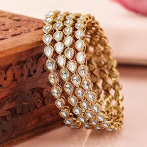 Set of 4 18K Mehandi Gold-Plated Kundan Studded Handcrafted Traditional Bangles - 2.8