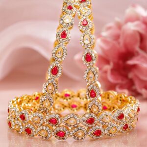 Set of 4 18K Mehandi Gold-Plated Ruby Pink & White Kundan Studded Designer Bangles - 2.4