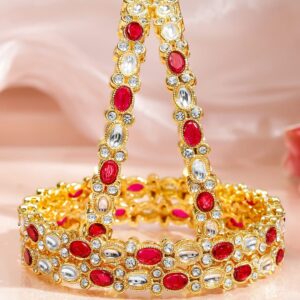 Set of 4 18K Mehandi Gold-Plated Ruby Pink & White Kundan Studded Zirconia Bangles - 2.8