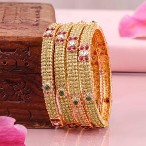 Set of 4 22K Gold-Plated Bangles with Ruby & Emerald Accents and Kundan Detailing - 02-Jun