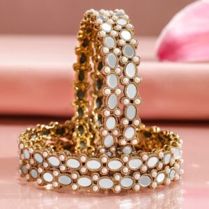 Set of 4 22K Gold-Plated Mirror-Studded Bangles with Pearl Beads - 2.1