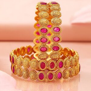 Set of 4, 22K Gold-Plated Ruby Pink Stone & Filigree Design Traditional Bangles - 02-Aug