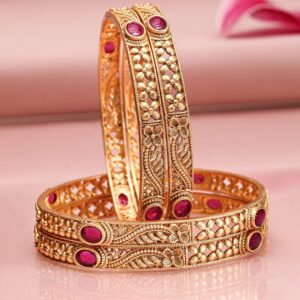 Set of 4 22K Gold-Plated Ruby Pink Stone Studded Traditional Motif Bangles - 2.6