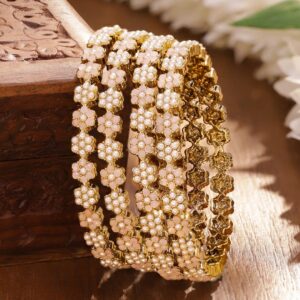 Set of 4 24K Gold-Plated Light Peach Floral & Pearl Beaded Handcrafted Bangles - 2.8