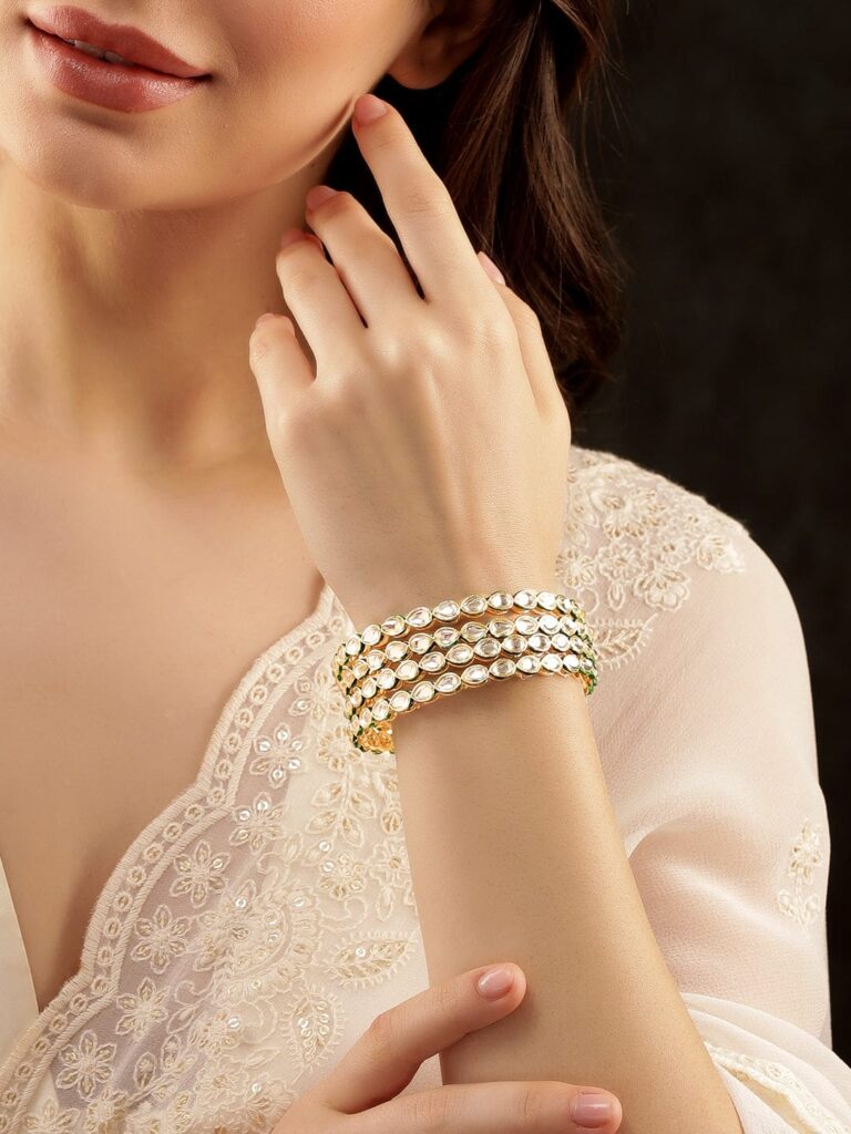 Set of 4, Kundan studded Green enamel classic bangles - 2.8