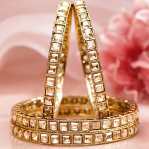 Set of 4 Mehandi 18K Gold-Plated Square-Cut White Kundan Studded Traditional Bangles - 2.8