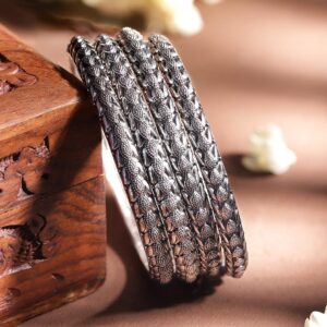 Set of 4 Oxidized Silver-Plated Handcrafted Floral Design Traditional Bangles - 2.6