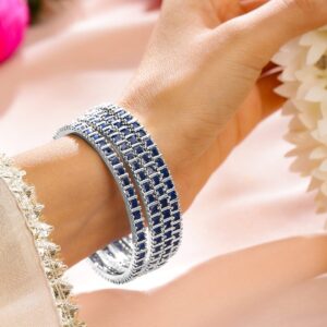 Set of 4 Rhodium-Plated Blue Cubic Zirconia Studded Handcrafted Premium Bangles - 02-Aug