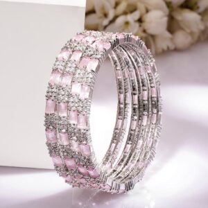 Set of 4 Rhodium Plated Crystal Pink & White Cubic Zirconia Studded Premium Bangles - 02-Jun