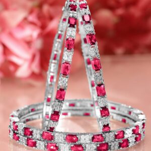Set of 4 Rhodium-Plated Ruby Pink & White Cubic Zirconia Studded Bangles - 02-Jun