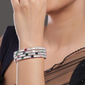 Set of 4 Rhodium-Plated Multicolor AD and Cubic Zirconia Studded Premium Bangles - 2.4