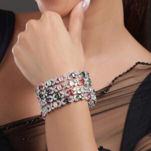 Set of 4 Rhodium-Plated Multicolor AD & CubicZirconia Studded Floral Design Bangles - 2.6