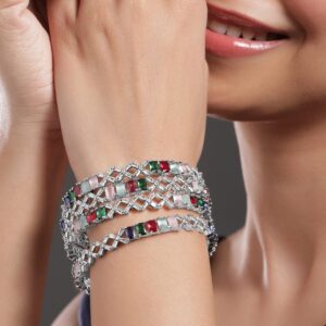 Set of 4 Rhodium-Plated Multicolor Stone & White Cubic Zirconia Studded Bangles - Silver