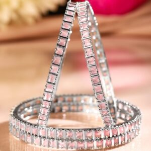 Set of 4 Rhodium-Plated Pink Cubic Zirconia Studded Handcrafted Premium Bangles - 2.4