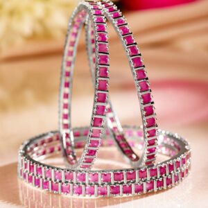 Set of 4 Rhodium-Plated Ruby Pink Cubic Zirconia Studded Handcrafted Premium Bangles for Women - 02-Apr