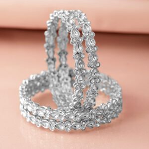 Set of 4 Rhodium-Plated Silver-Tone Kundan & Cubic Zirconia Studded Premium Bangles - 2.8