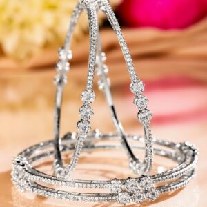 Set of 4 Rhodium-Plated White Cubic Zirconia Floral Design Handcrafted Premium Bangles for Women - 02-Apr