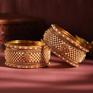 Set of 6 Gold Plated Pearl & Stone Studded Traditional Handcrafted Bangles - 2.8