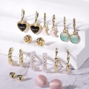 Set of 9, Gold Tone Enamel Detailed Pearl beaded Earrings - Gold