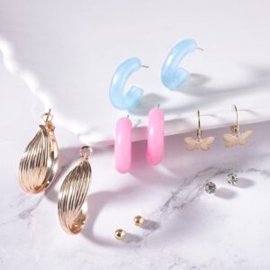 Set of 6, Gold toned blue enamel detailed Hoop & Stud Earrings - Gold