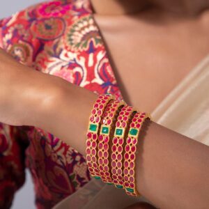 Set Of Two 22K Gold-Plated Pink & Green Stone-Studded Sustainable Handcrafted Bangles - 2.6