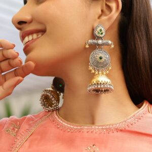 Silver & Gold Dual-Plated Oxidized Long Emerald Green Stone with Gold & Silver Beads Jhumka Earrings