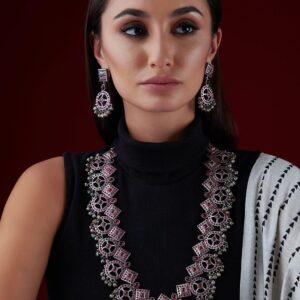 Silver Oxidised Necklace Set With Studded Pink Stones - Silver