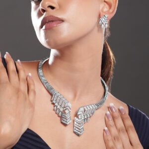 Silver-Plated AAA Cubic Zirconia Studded Geometric Statement Choker Necklace Set - Silver