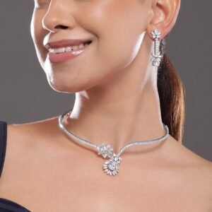Silver-Plated Cubic Zirconia-Studded Floral Statement Jewellery Set - Silver
