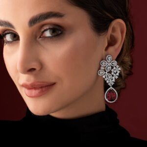 silver plated earrings with studded american diamonds and red stones. - Red