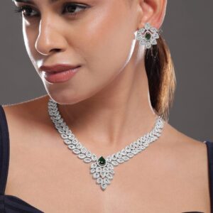 Silver-Plated Emerald Green & White Cubic Zirconia Studded Premium Jewellery Set