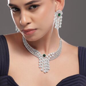 Silver-Plated EmeraldGreen & White CubicZirconia Multilayer Luxurious Jewellery Set