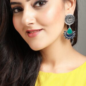 Silver-Plated Green Geometric Drop Earrings - Silver