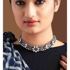 Silver Plated Handcrafted Oxidised Floral Choker - Silver