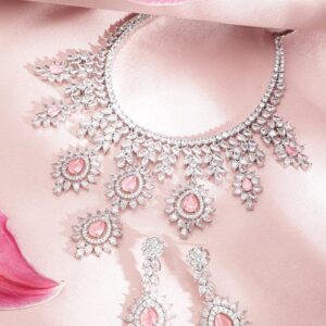 Silver Plated Pink Gemstone & AAA Cubic Zirconia Studded Floral Design Jewellery Set - Silver