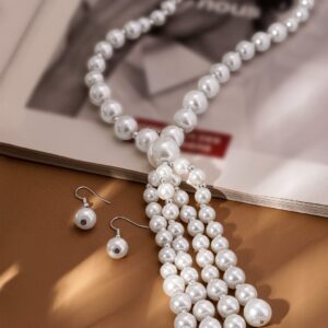 Silver Plated White Pearl Beaded Multi-Layer Long Statement Necklace Set - White