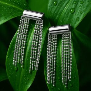 Rhodium-Plated Long Tassel Drop Earrings with Sleek Chain Design