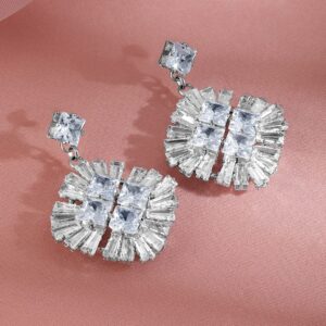 Rhodium-Plated Crystal Cubic Zirconia Studded Contemporary Drop Earrings - Silver